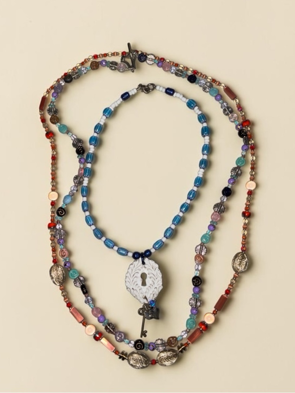 Colorful Multistrand Beaded Necklace with Key Pendant - Blue & Multi